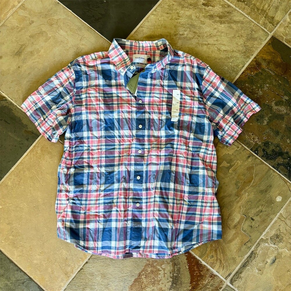 Goodfellow & Co Shirt Mens 2XL Red Plaid Slim Fit Short Sleeve Button Up